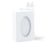 Zestaw białych, trójdzielnych kartek z owalnym okienkiem