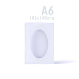 Zestaw białych, trójdzielnych kartek o fakturze młotkowej z owalnym okienkiem